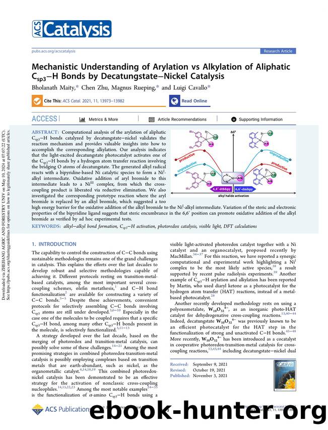 Mechanistic Understanding of Arylation vs Alkylation of Aliphatic Csp3âH Bonds by DecatungstateâNickel Catalysis by Bholanath Maity Chen Zhu Magnus Rueping & Luigi Cavallo