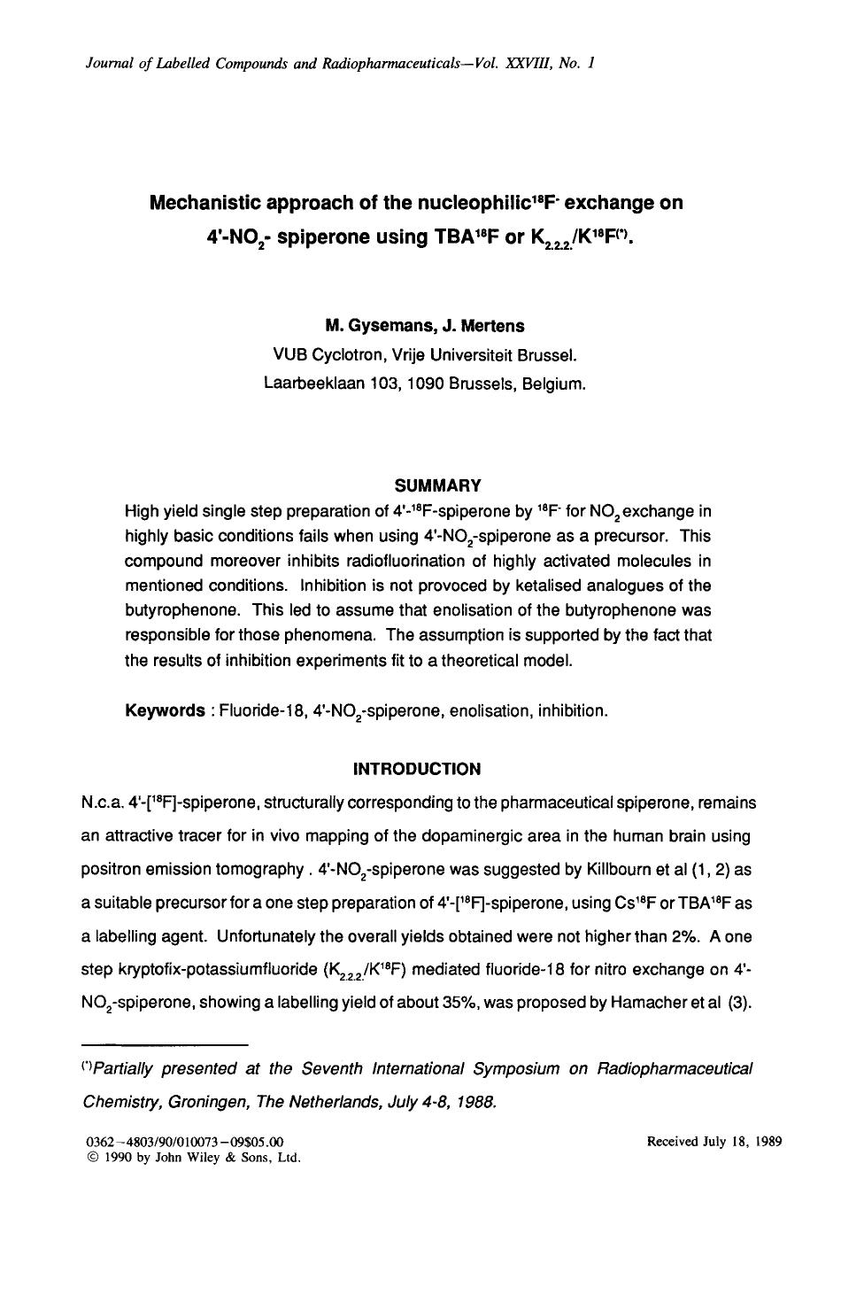 Mechanistic approach of the nucleophilic18F- exchange on 4[prime]-NO2-spiperone using TBA18F or K2.2.2.K18F by Unknown