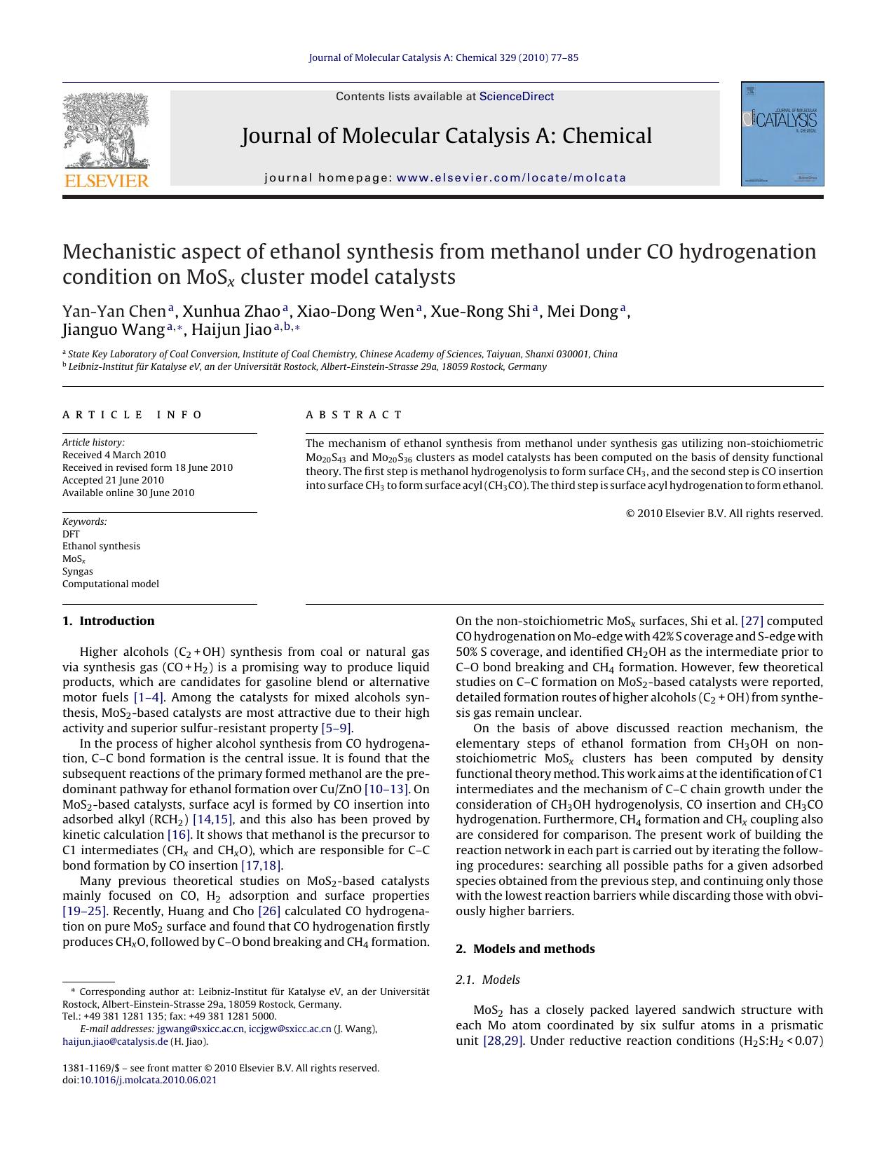 Mechanistic aspect of ethanol synthesis from methanol under CO hydrogenation condition on MoSx cluster model catalysts by Yan-Yan Chen