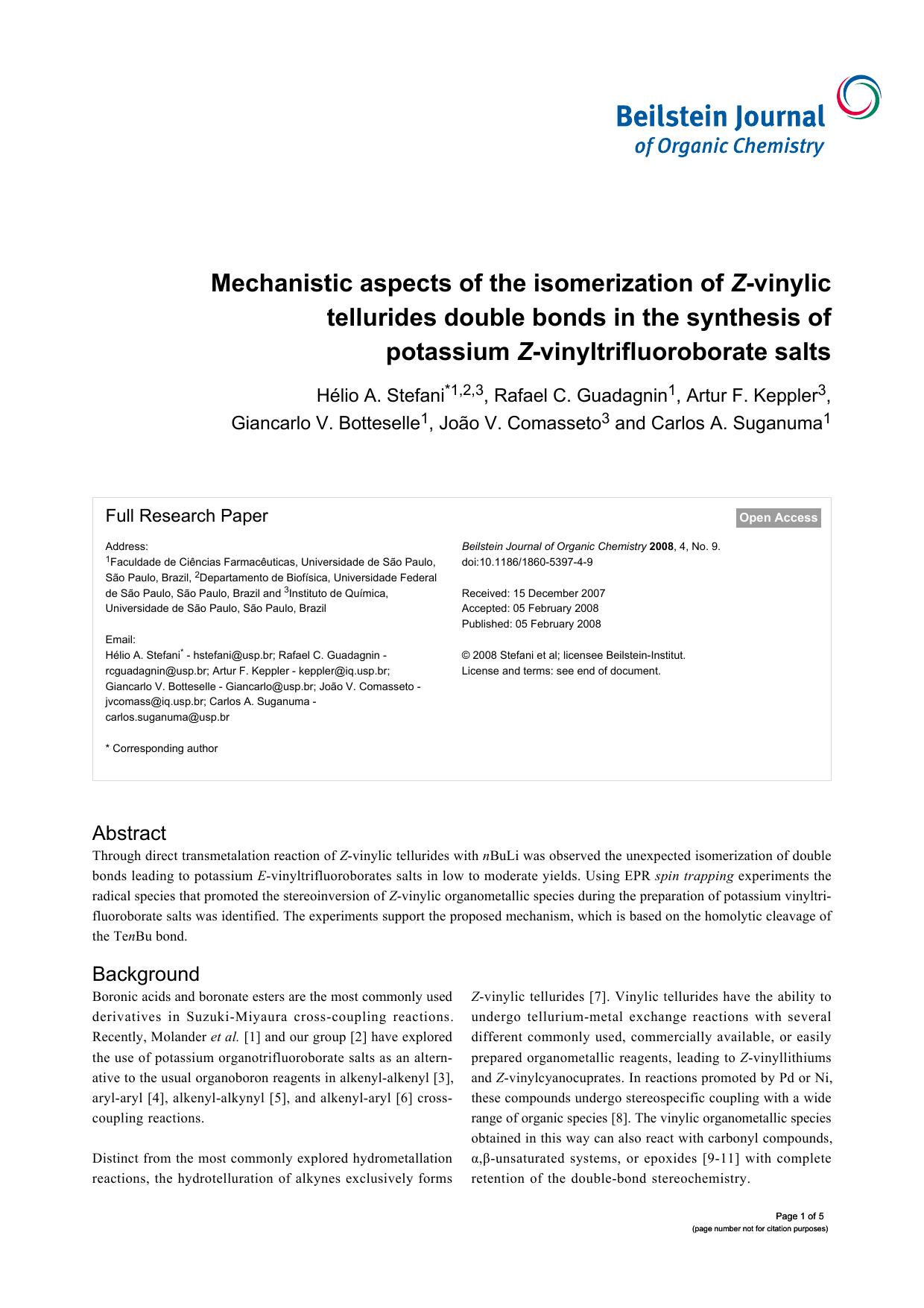 Mechanistic aspects of the isomerization of Z-vinylic tellurides double bonds in the synthesis of potassium Z-vinyltrifluoroborate salts by unknow