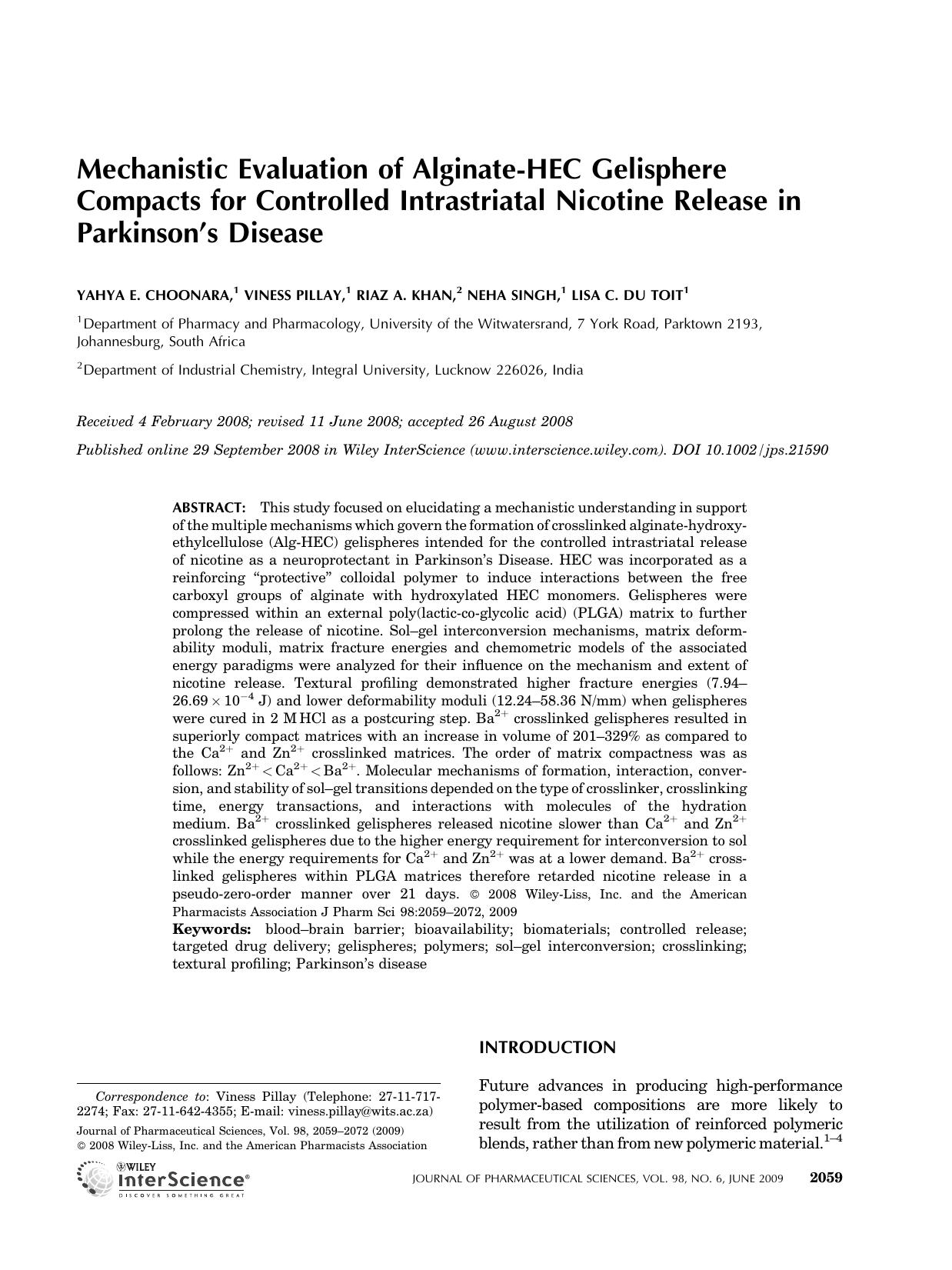 Mechanistic evaluation of alginate-HEC gelisphere compacts for controlled intrastriatal nicotine release in Parkinson's disease by Unknown