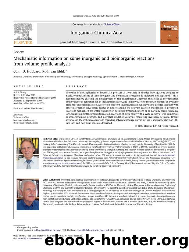 Mechanistic information on some inorganic and bioinorganic reactions from volume profile analysis by Colin D. Hubbard & Rudi van Eldik