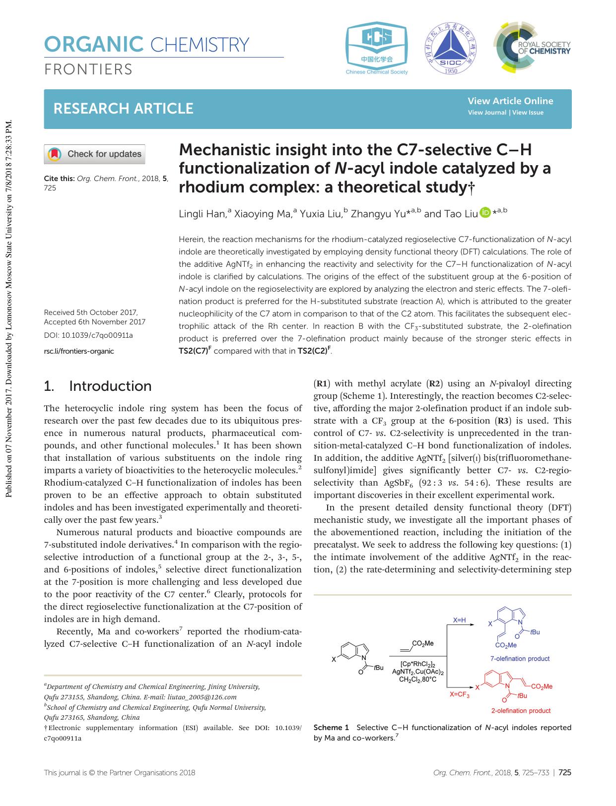 Mechanistic insight into the C7-selective CâH functionalization of N-acyl indole catalyzed by a rhodium complex: a theoretical study by Lingli Han Xiaoying Ma Yuxia Liu Zhangyu Yu Tao Liu