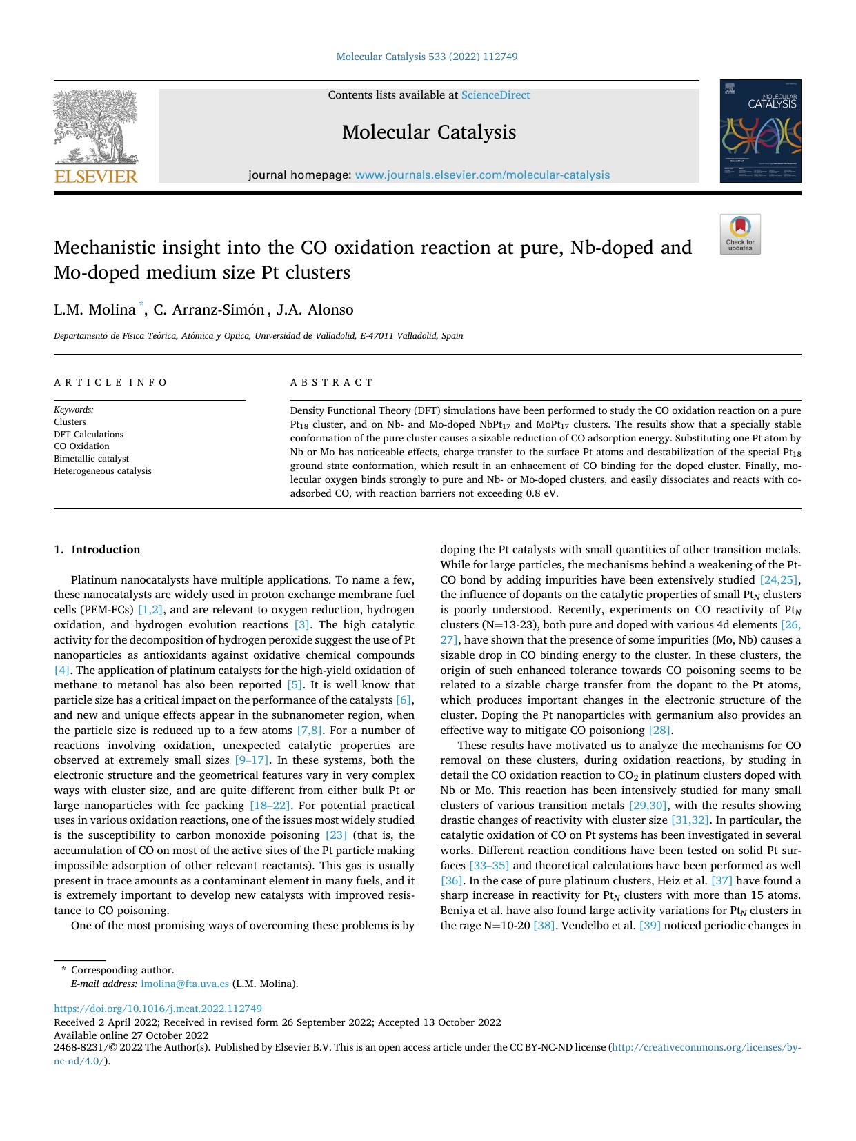 Mechanistic insight into the CO oxidation reaction at pure, Nb-doped and Mo-doped medium size Pt clusters by L.M. Molina & C. Arranz-Simón & J.A. Alonso