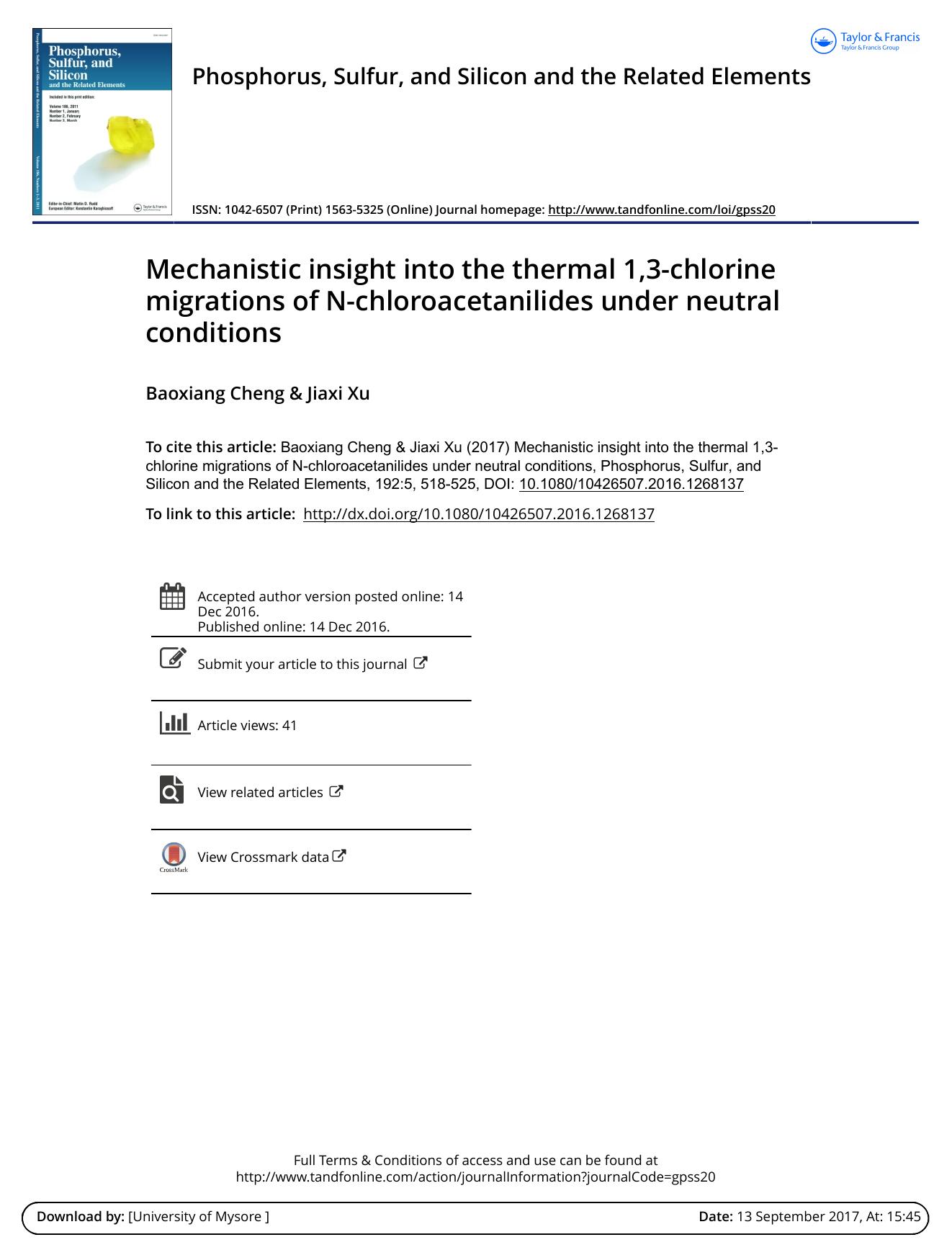 Mechanistic insight into the thermal 1,3-chlorine migrations of N-chloroacetanilides under neutral conditions by Baoxiang Cheng & Jiaxi Xu