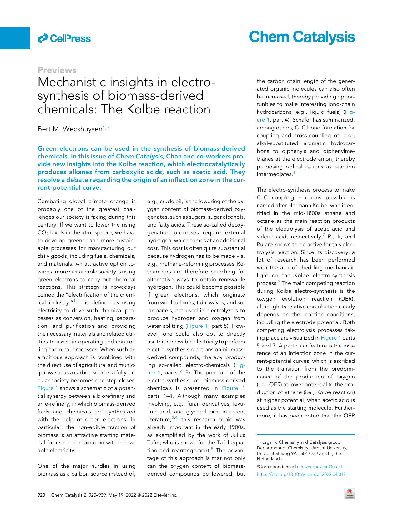 Mechanistic insights in electro-synthesis of biomass-derived chemicals: The Kolbe reaction by Bert M. Weckhuysen