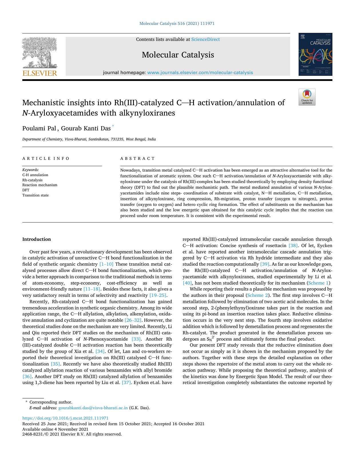Mechanistic insights into Rh(III)-catalyzed C[sbnd]H activationannulation of N- Aryloxyacetamides with alkynyloxiranes by Poulami Pal & Gourab Kanti Das