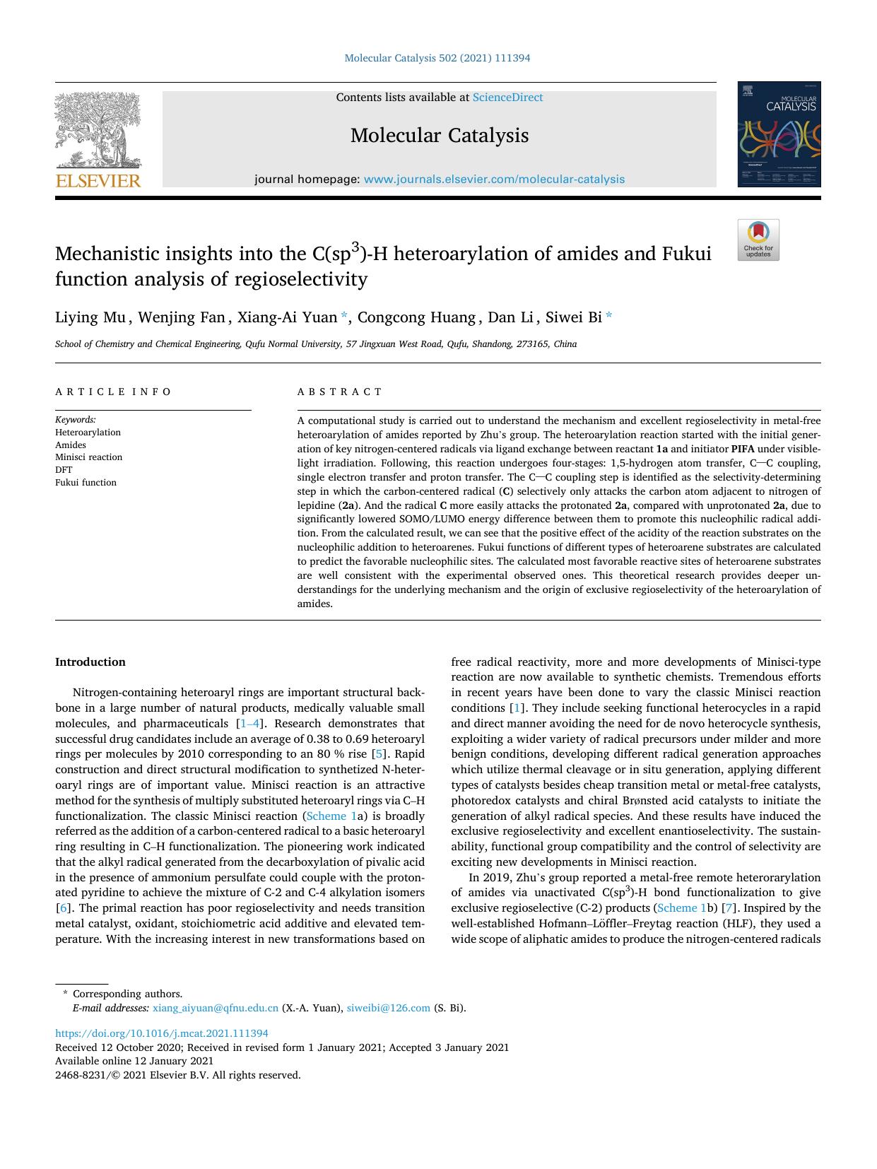 Mechanistic insights into the C(sp3)-H heteroarylation of amides and Fukui function analysis of regioselectivity by Liying Mu & Wenjing Fan & Xiang-Ai Yuan & Congcong Huang & Dan Li & Siwei Bi
