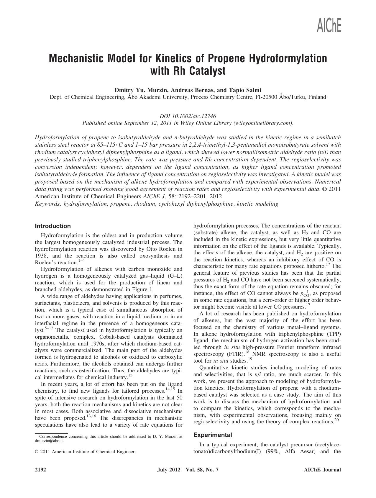 Mechanistic model for kinetics of propene hydroformylation with Rh catalyst by Unknown