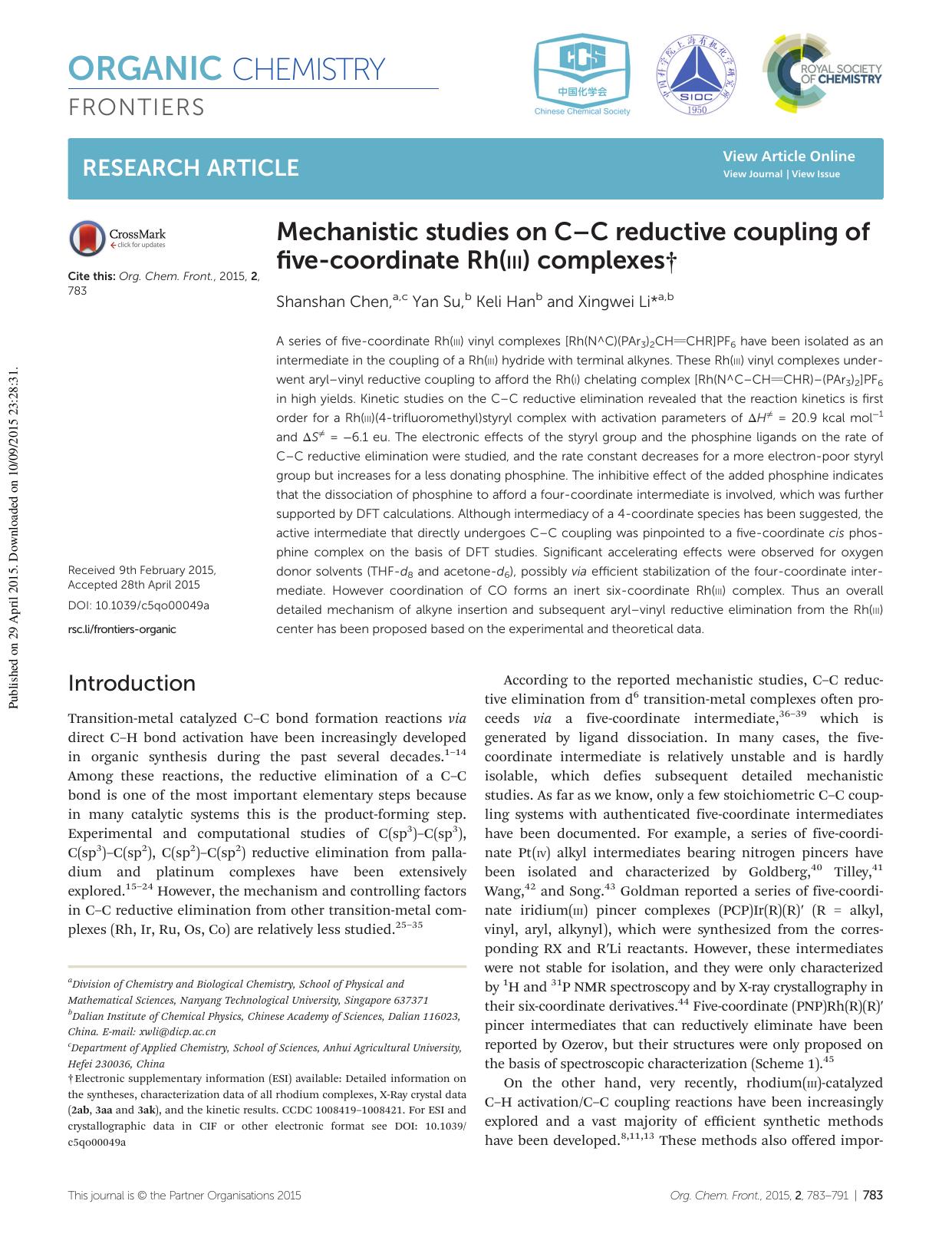 Mechanistic studies on CâC reductive coupling of five-coordinate Rh(III) complexes by Shanshan Chen Yan Su Keli Han Xingwei Li