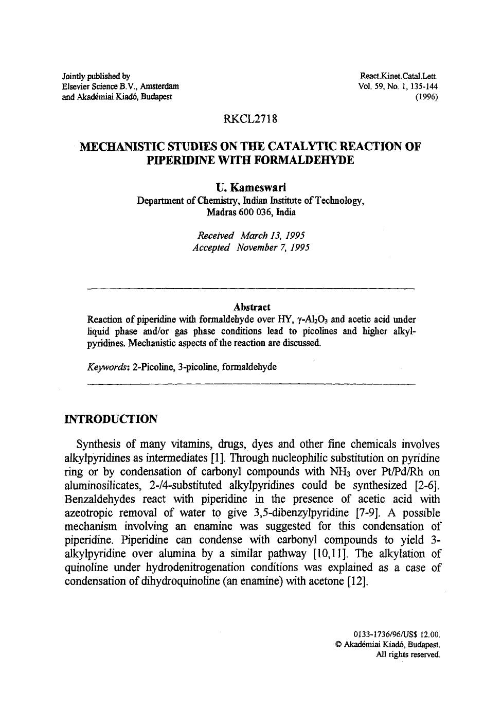 Mechanistic studies on the catalytic reaction of piperidine with formaldehyde by Unknown