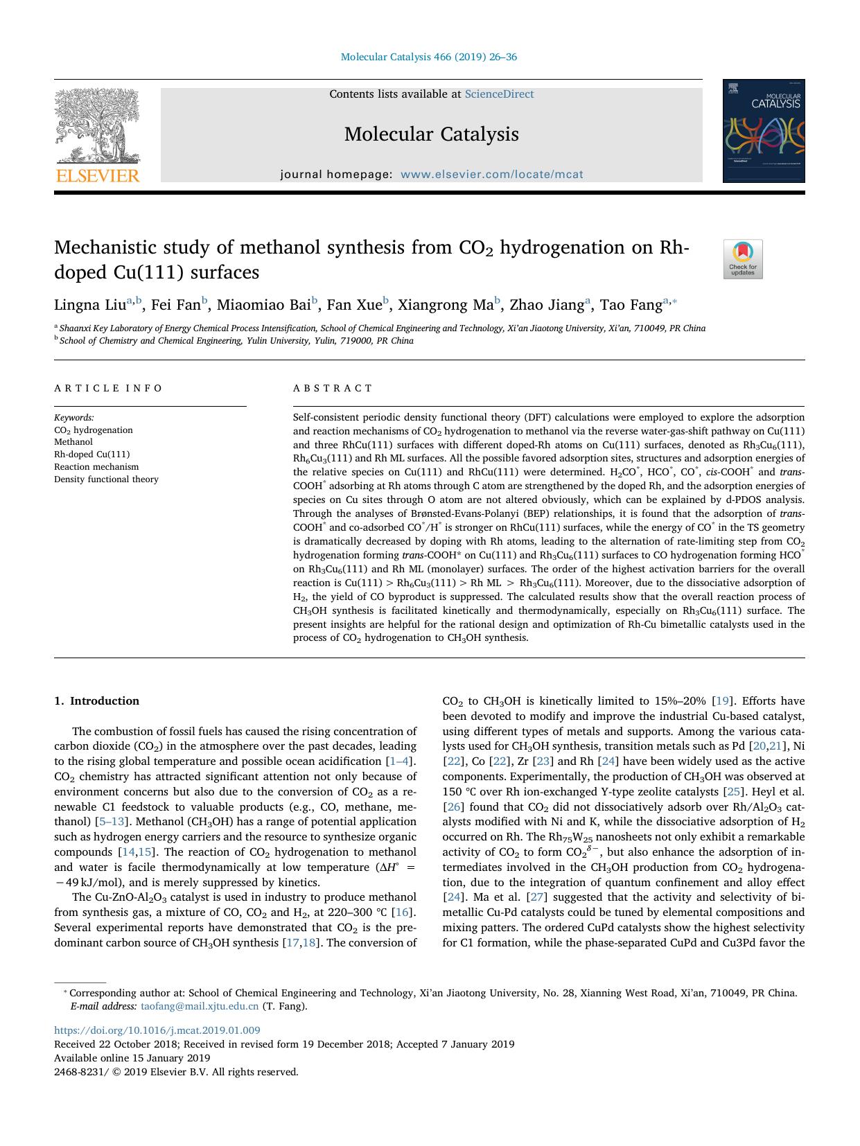 Mechanistic study of methanol synthesis from CO2 hydrogenation on Rh-doped Cu(111) surfaces by Lingna Liu & Fei Fan & Miaomiao Bai & Fan Xue & Xiangrong Ma & Zhao Jiang & Tao Fang