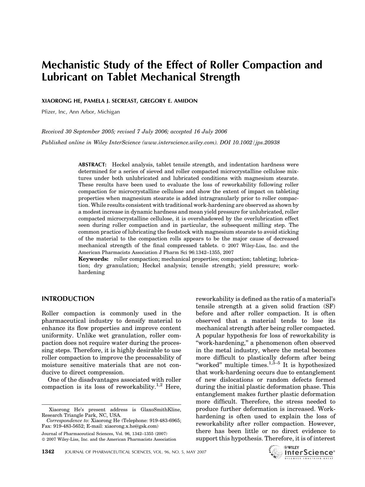 Mechanistic study of the effect of roller compaction and lubricant on tablet mechanical strength by Unknown