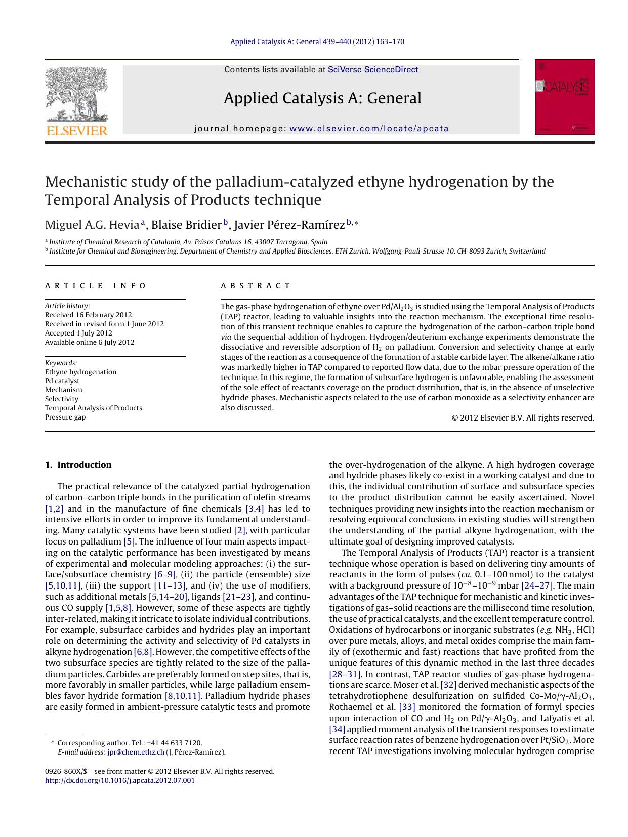 Mechanistic study of the palladium-catalyzed ethyne hydrogenation by the Temporal Analysis of Products technique by Miguel A.G. Hevia & Blaise Bridier & Javier Pérez-Ramírez
