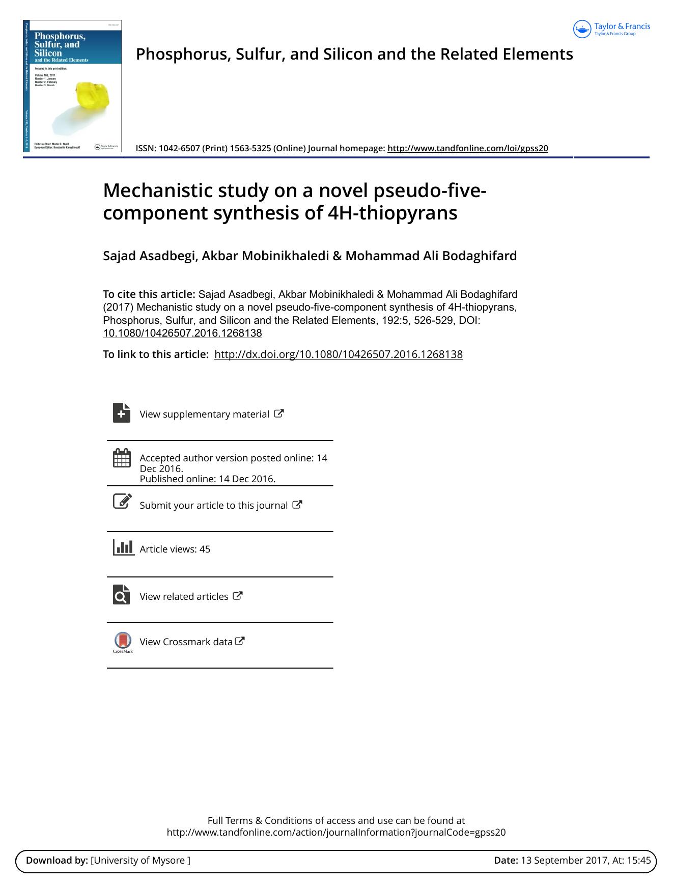 Mechanistic study on a novel pseudo-five-component synthesis of 4H-thiopyrans by Sajad Asadbegi & Akbar Mobinikhaledi & Mohammad Ali Bodaghifard