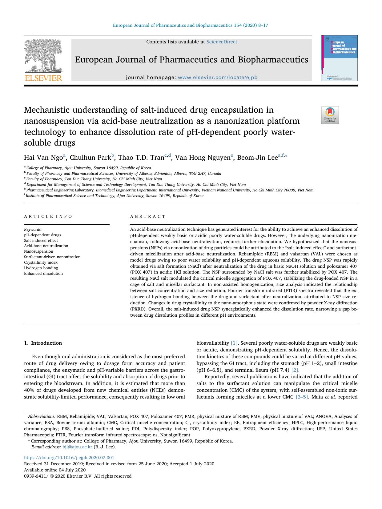 Mechanistic understanding of salt-induced drug encapsulation in nanosuspension via acid-base neutralization as a nanonization platform technology to enhance dissolution rate of pH- by Hai Van Ngo & Chulhun Park & Thao T.D. Tran & Van Hong Nguyen & Beom-Jin Lee