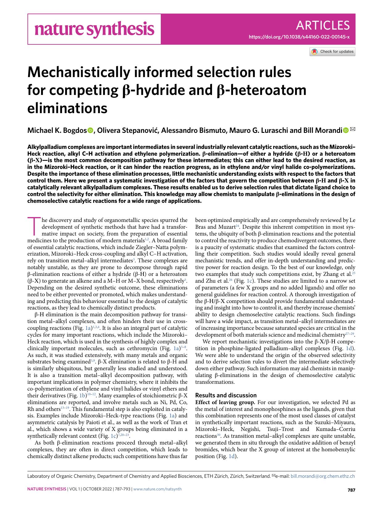 Mechanistically informed selection rules for competing Î²-hydride and Î²-heteroatom eliminations by Michael K. Bogdos & Olivera Stepanović & Alessandro Bismuto & Mauro G. Luraschi & Bill Morandi
