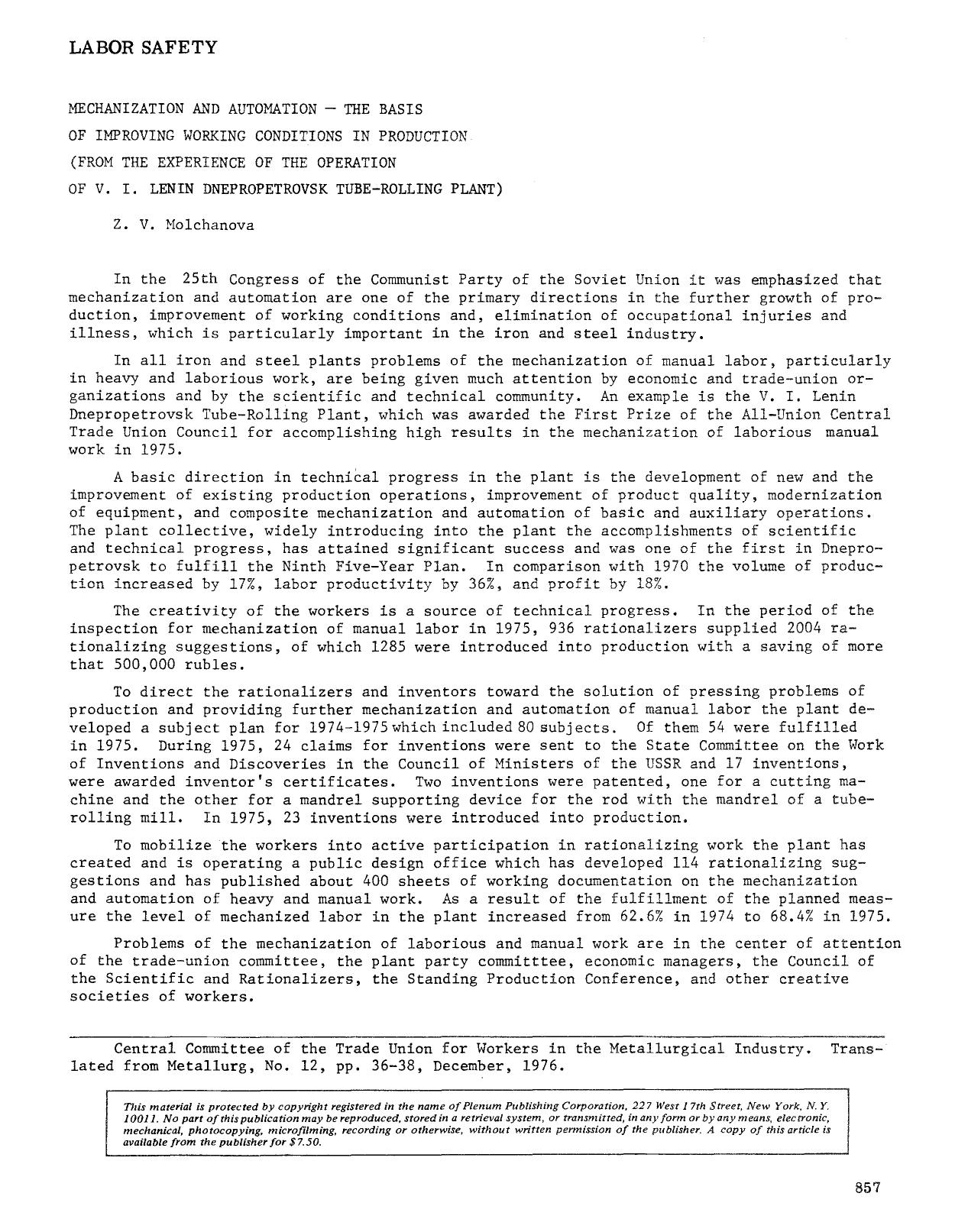Mechanization and automation &#x2014; The basis of improving working conditions in production (from the experience of the operation of V. I. Lenin Dnepropetrovsk tube-rolling plants) by Unknown