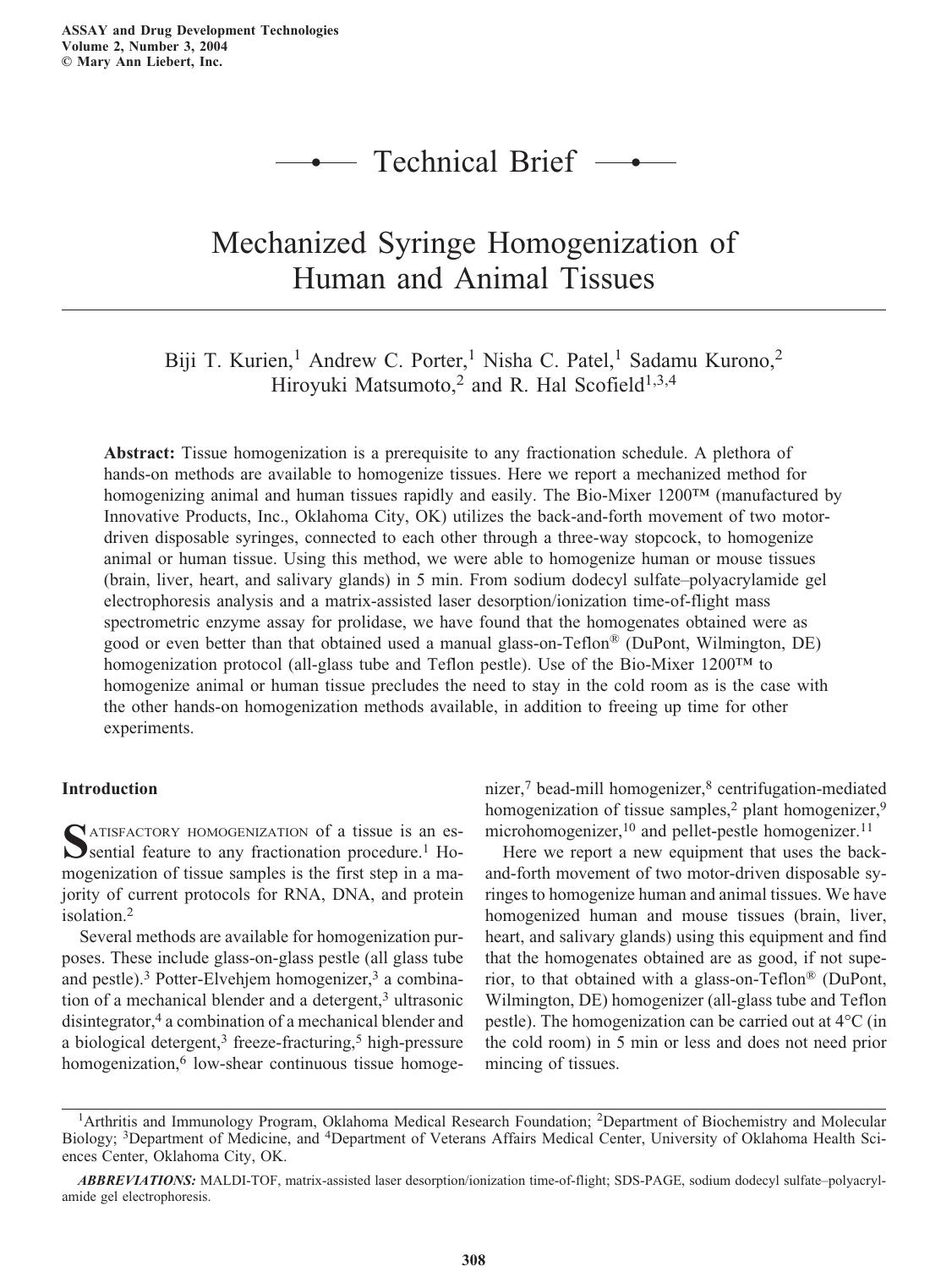 Mechanized Syringe Homogenization of Human and Animal Tissues by unknow