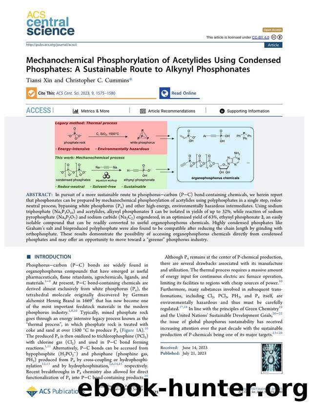 Mechanochemical Phosphorylation of Acetylides Using Condensed Phosphates: A Sustainable Route to Alkynyl Phosphonates by Tiansi Xin (ORCID: g/0000-0001-5983-1800) & Christopher C. Cummins (ORCID: g/0000-0003-2568-3269)