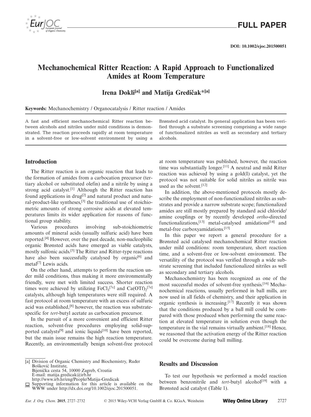 Mechanochemical Ritter Reaction: A Rapid Approach to Functionalized Amides at Room Temperature by Unknown