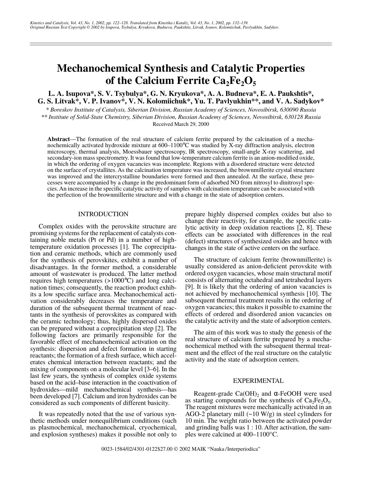 Mechanochemical Synthesis and Catalytic Properties of the Calcium Ferrite Ca2Fe2O5 by Unknown
