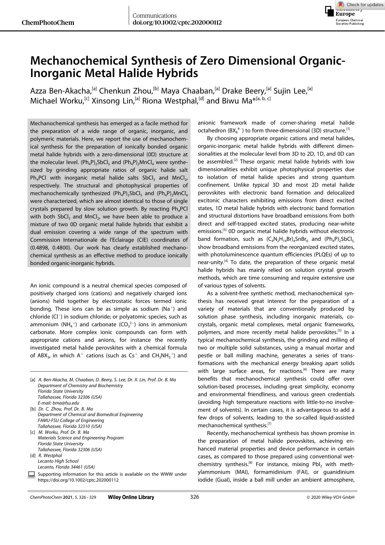 Mechanochemical Synthesis of Zero Dimensional OrganicâInorganic Metal Halide Hybrids by Unknown