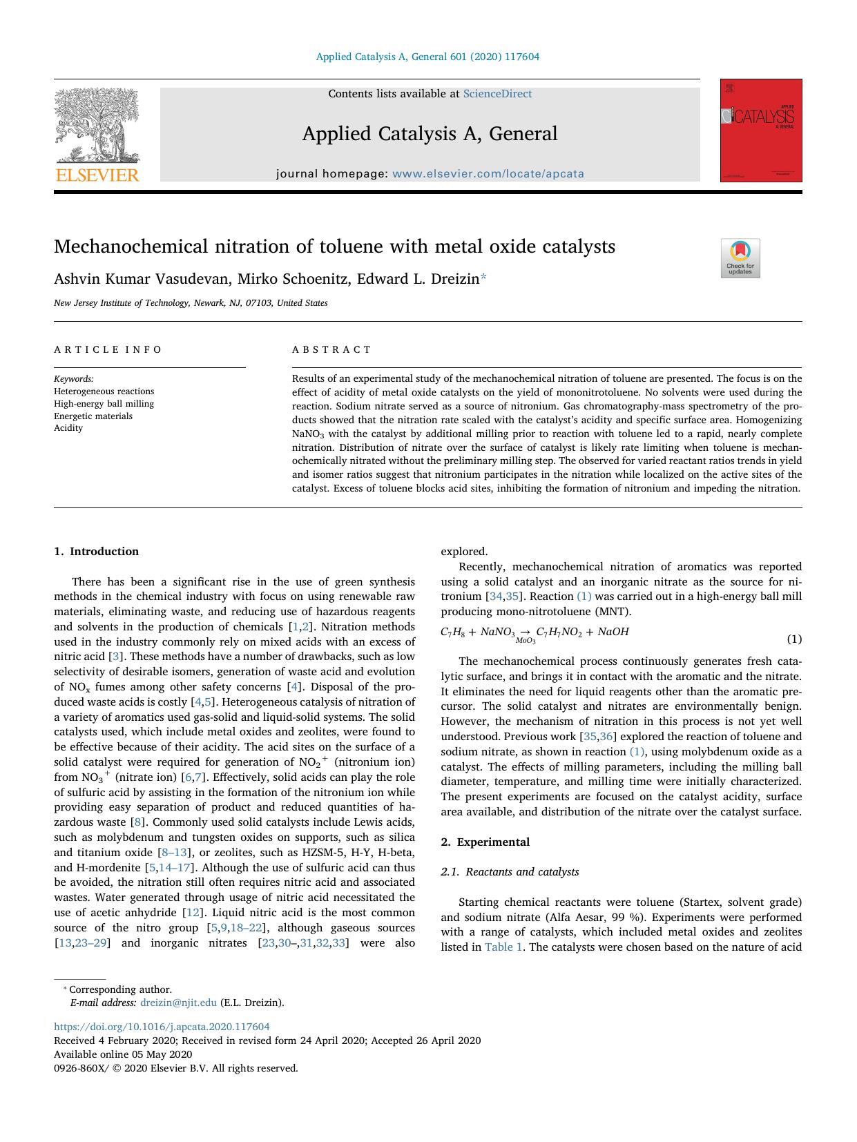 Mechanochemical nitration of toluene with metal oxide catalysts by Ashvin Kumar Vasudevan & Mirko Schoenitz & Edward L. Dreizin