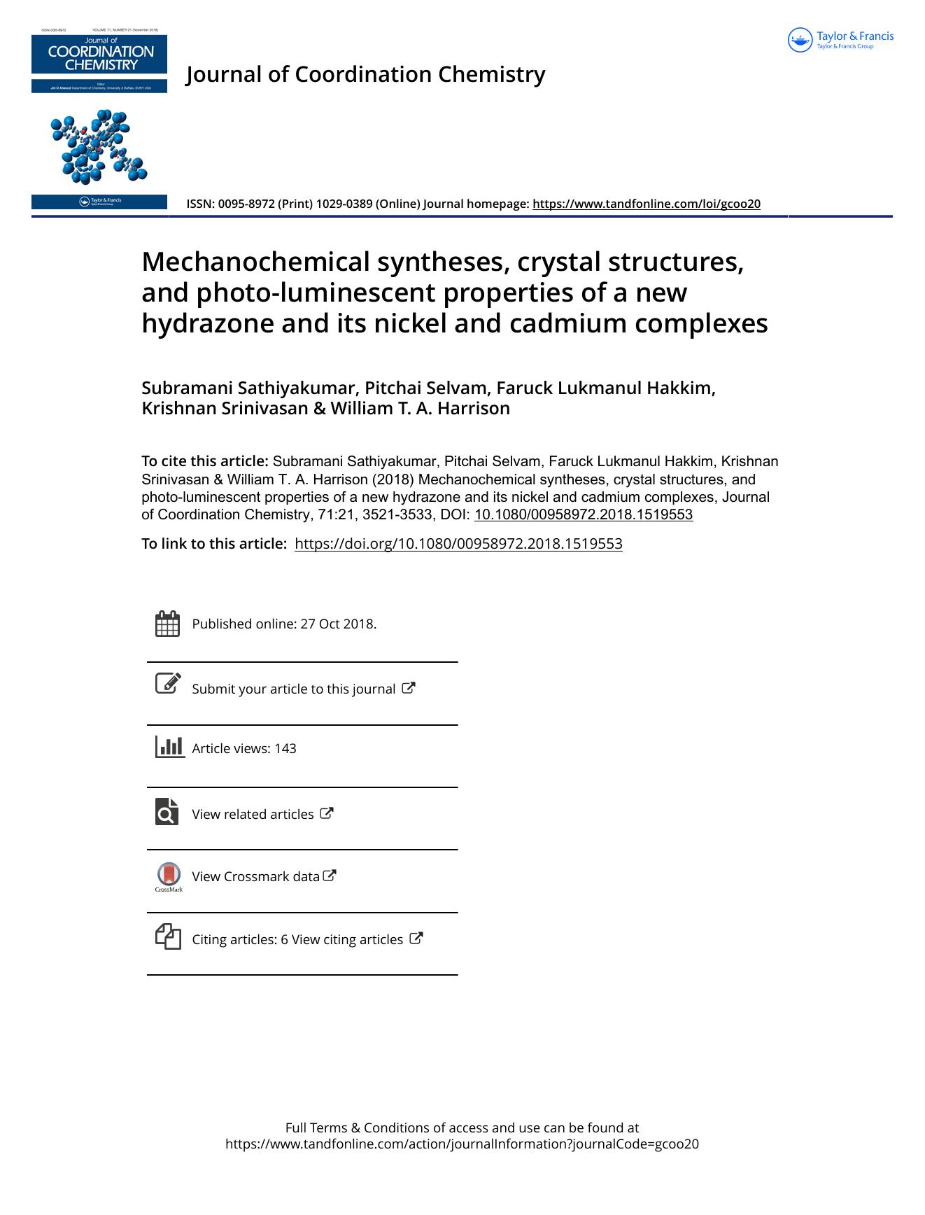 Mechanochemical syntheses, crystal structures, and photo-luminescent properties of a new hydrazone and its nickel and cadmium complexes by unknow