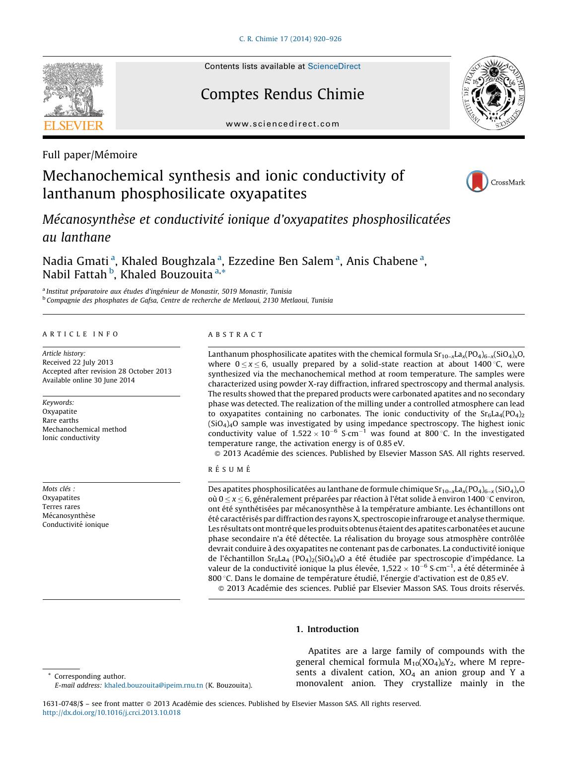 Mechanochemical synthesis and ionic conductivity of lanthanum phosphosilicate oxyapatites by Nadia Gmati & Khaled Boughzala & Ezzedine Ben Salem & Anis Chabene & Nabil Fattah & Khaled Bouzouita