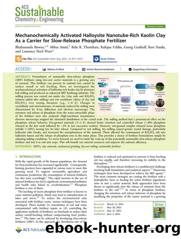Mechanochemically Activated Halloysite Nanotube-Rich Kaolin Clay As a Carrier for Slow-Release Phosphate Fertilizer by unknow