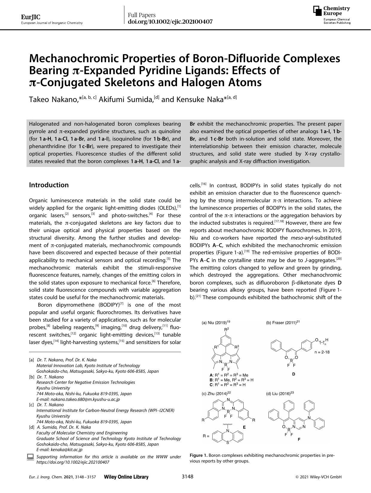 Mechanochromic Properties of BoronâDifluoride Complexes Bearing ÏâExpanded Pyridine Ligands: Effects of ÏâConjugated Skeletons and Halogen Atoms by Unknown