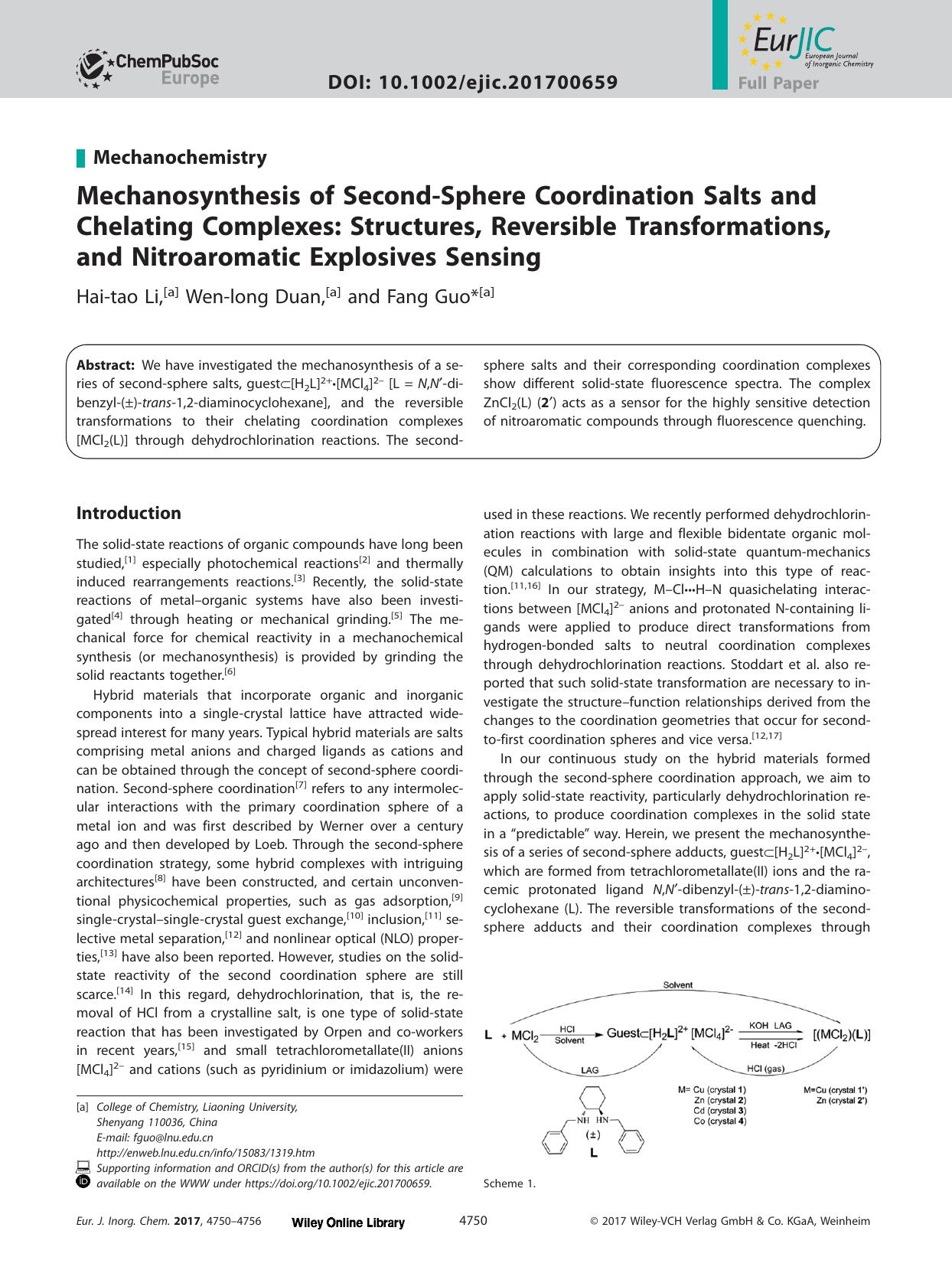 Mechanosynthesis of Second‐Sphere Coordination Salts and Chelating Complexes: Structures, Reversible Transformations, and Nitroaromatic Explosives Sensing by Unknown