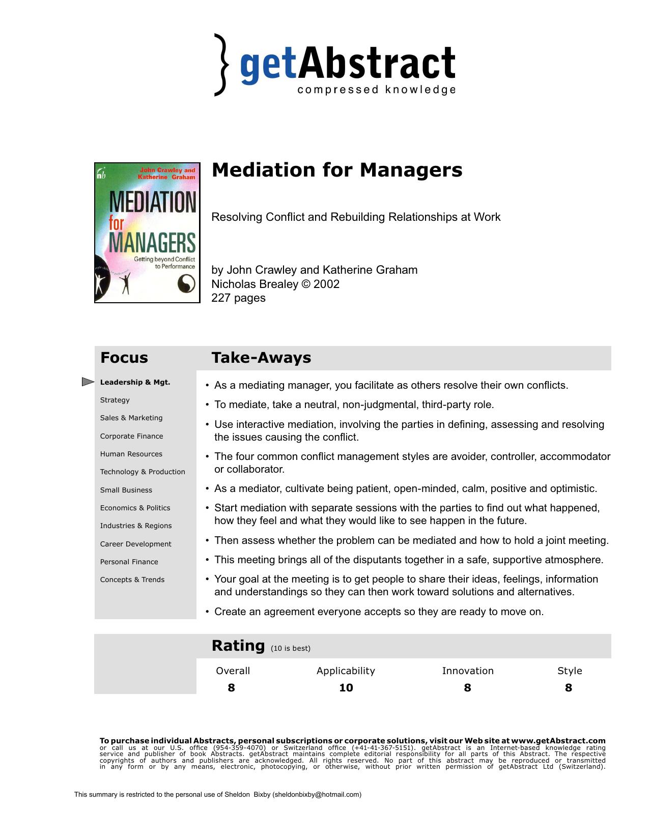 Mediation for Managers by getAbstract