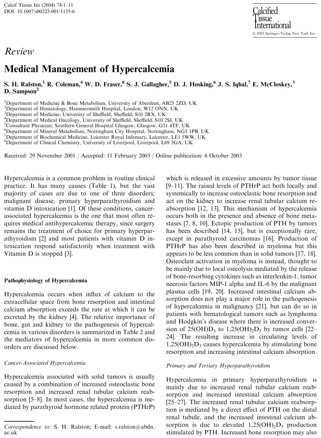 Medical Management of Hypercalcemia by Ralston S.H. et al