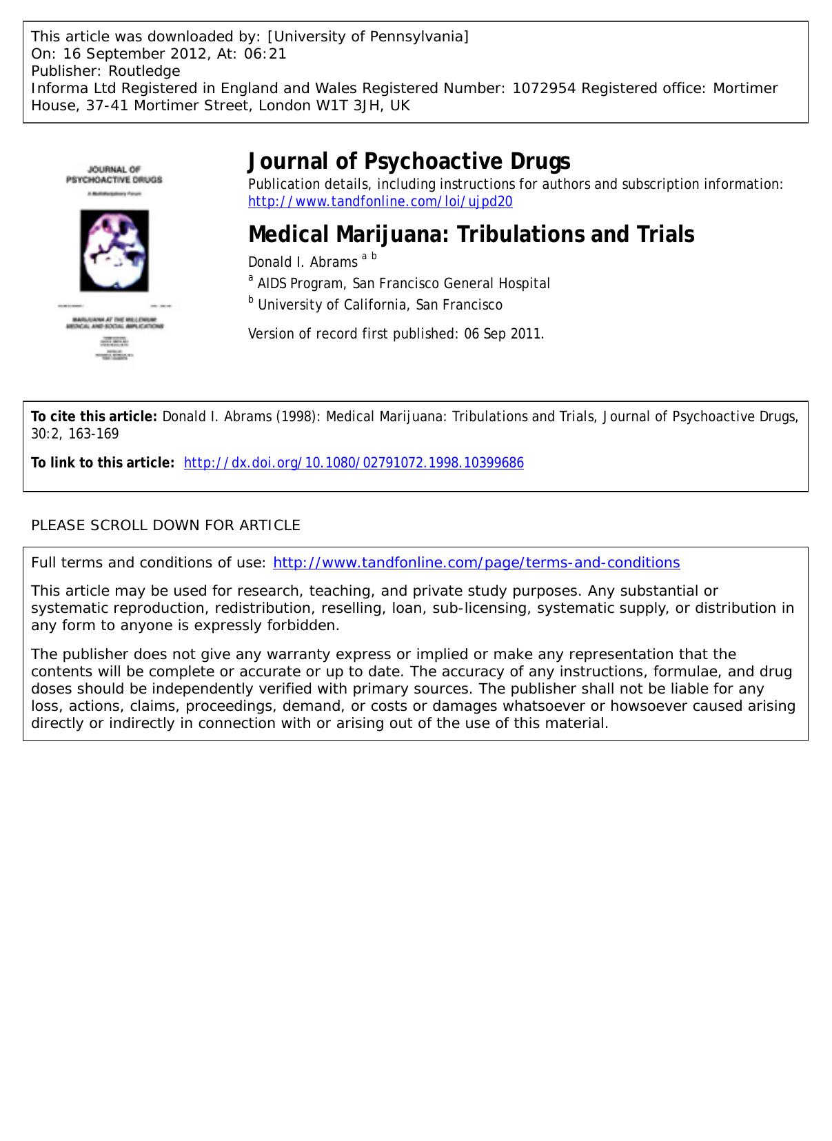 Medical Marijuana: Tribulations and Trials by Donald I. Abrams a b