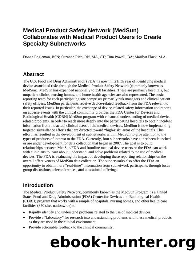 Medical Product Safety Network (MedSun) Collaborates with Medical Product Users to Create Specialty Subnetworks by Agency for Healthcare Research and Quality