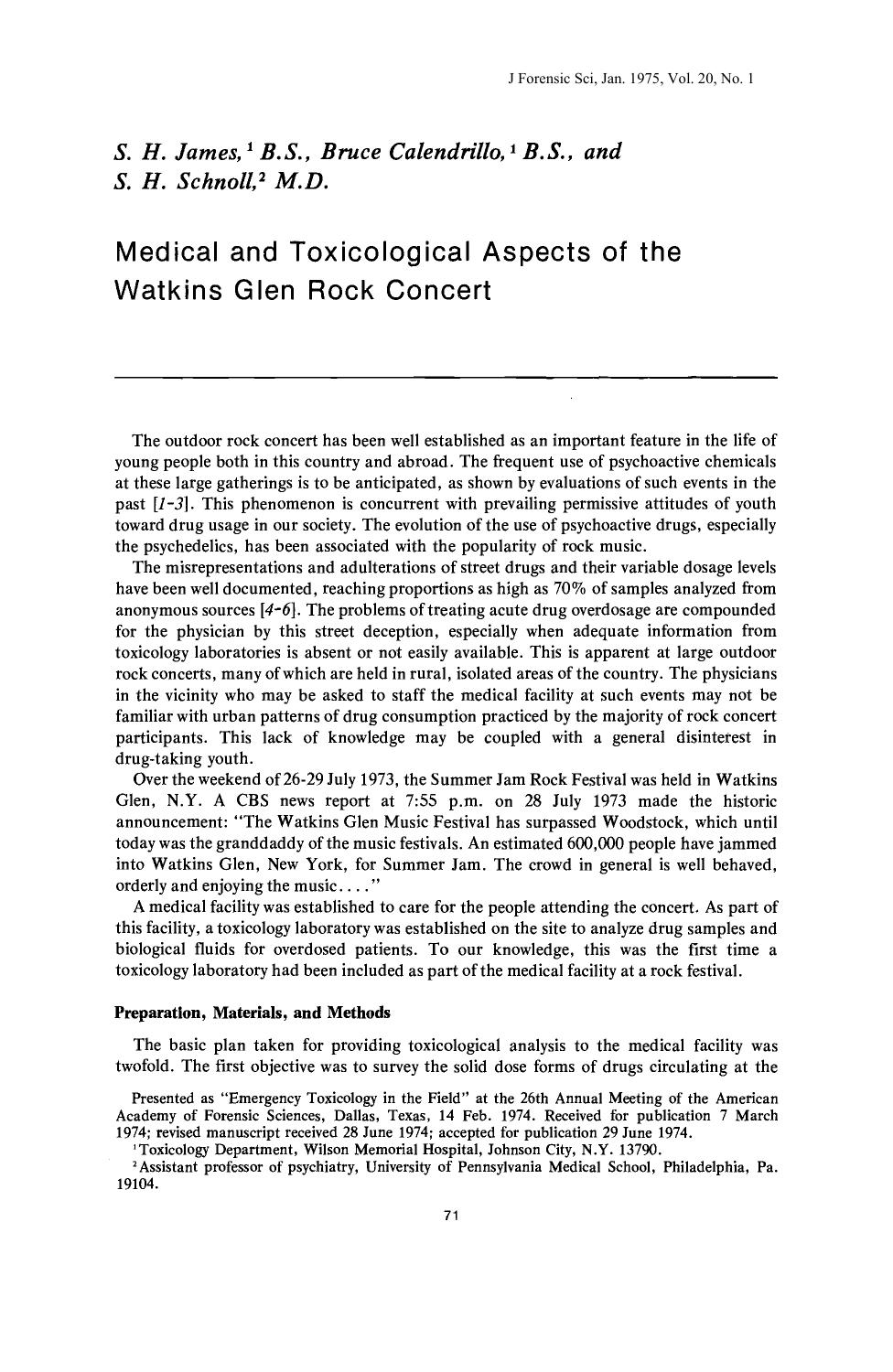 Medical and Toxicological Aspects of the Watkins Glen Rock Concert by James SH Calendrillo B Schnoll SH