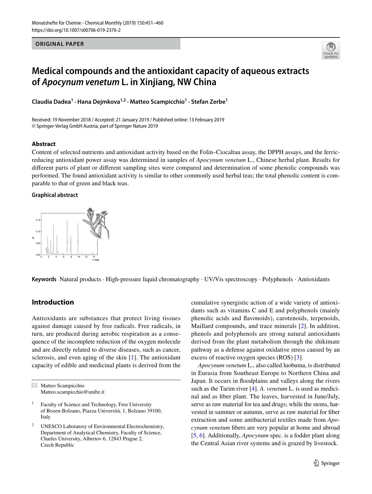 Medical compounds and the antioxidant capacity of aqueous extracts of Apocynum venetum L. in Xinjiang, NW China by Claudia Dadea & Hana Dejmkova & Matteo Scampicchio & Stefan Zerbe