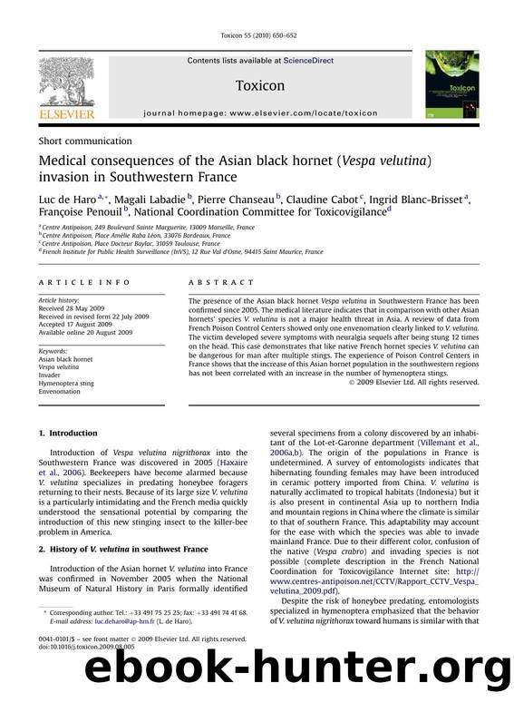 Medical consequences of the Asian black hornet (Vespa velutina) invasion in Southwestern France by unknow