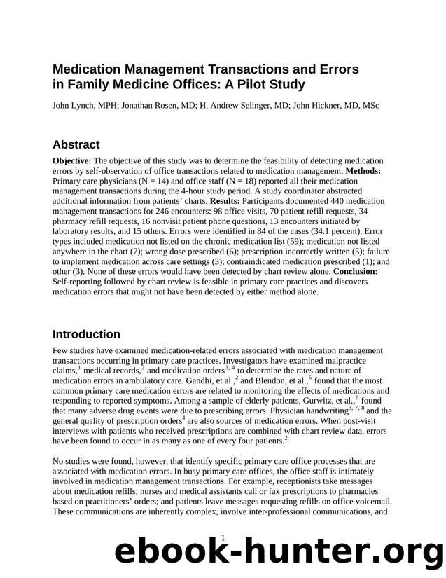 Medication Management Transactions and Errors in Family Medicine Offices: A Pilot Study by Agency for Healthcare Research and Quality