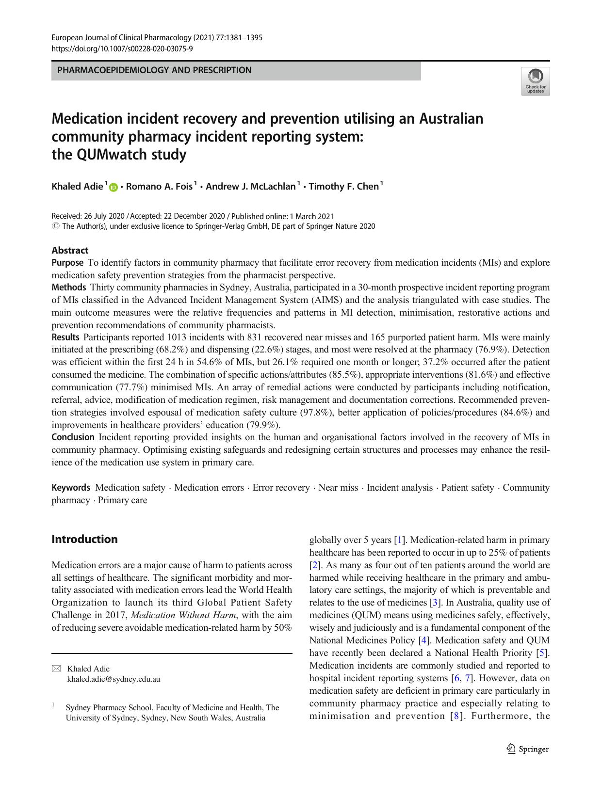 Medication incident recovery and prevention utilising an Australian community pharmacy incident reporting system: the QUMwatch study by Khaled Adie & Romano A. Fois & Andrew J. McLachlan & Timothy F. Chen