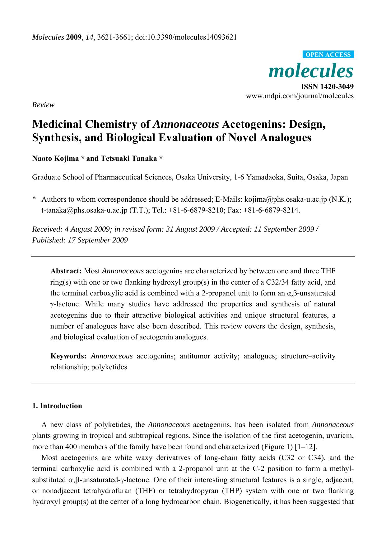Medicinal Chemistry of Annonaceous Acetogenins: Design, Synthesis, and Biological Evaluation of Novel Analogues by Naoto Kojima & Tetsuaki Tanaka