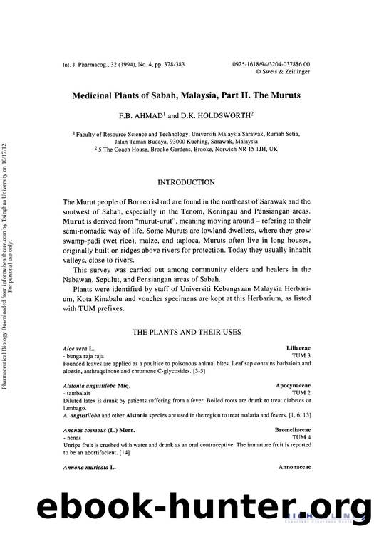 Medicinal Plants of Sabah, Malaysia, Part II. The Muruts by F. B. Ahmad & D. K. Holdsworth