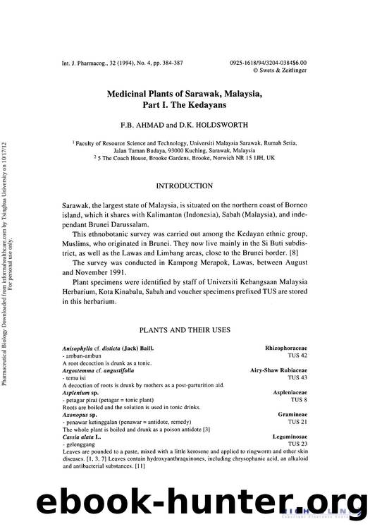 Medicinal Plants of Sarawak, Malaysia, Part I. The Kedayans by F. B. Ahmad & D. K. Holdsworth