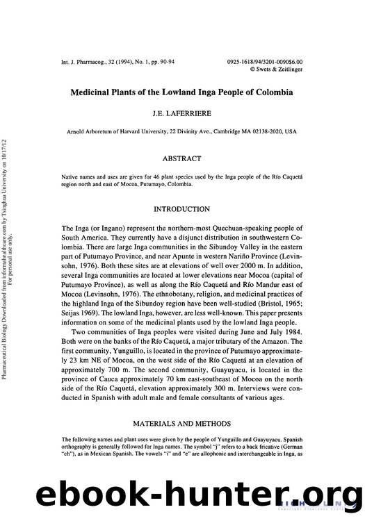 Medicinal Plants of the Lowland Inga People of Colombia by J. E. Laferriere