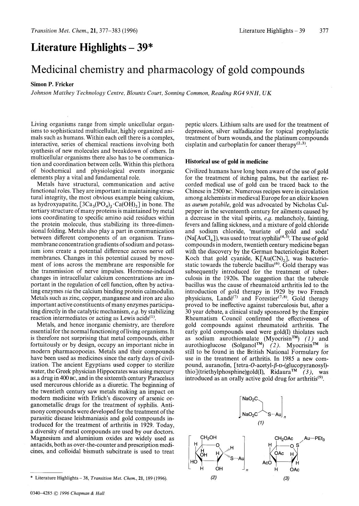 Medicinal chemistry and pharmacology of gold compounds by Unknown