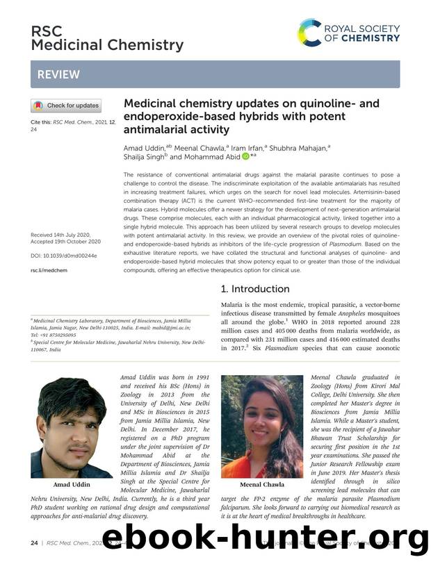 Medicinal chemistry updates on quinoline- and endoperoxide-based hybrids with potent antimalarial activity by Amad Uddin & Meenal Chawla & Iram Irfan & Shubhra Mahajan & Shailja Singh & Mohammad Abid