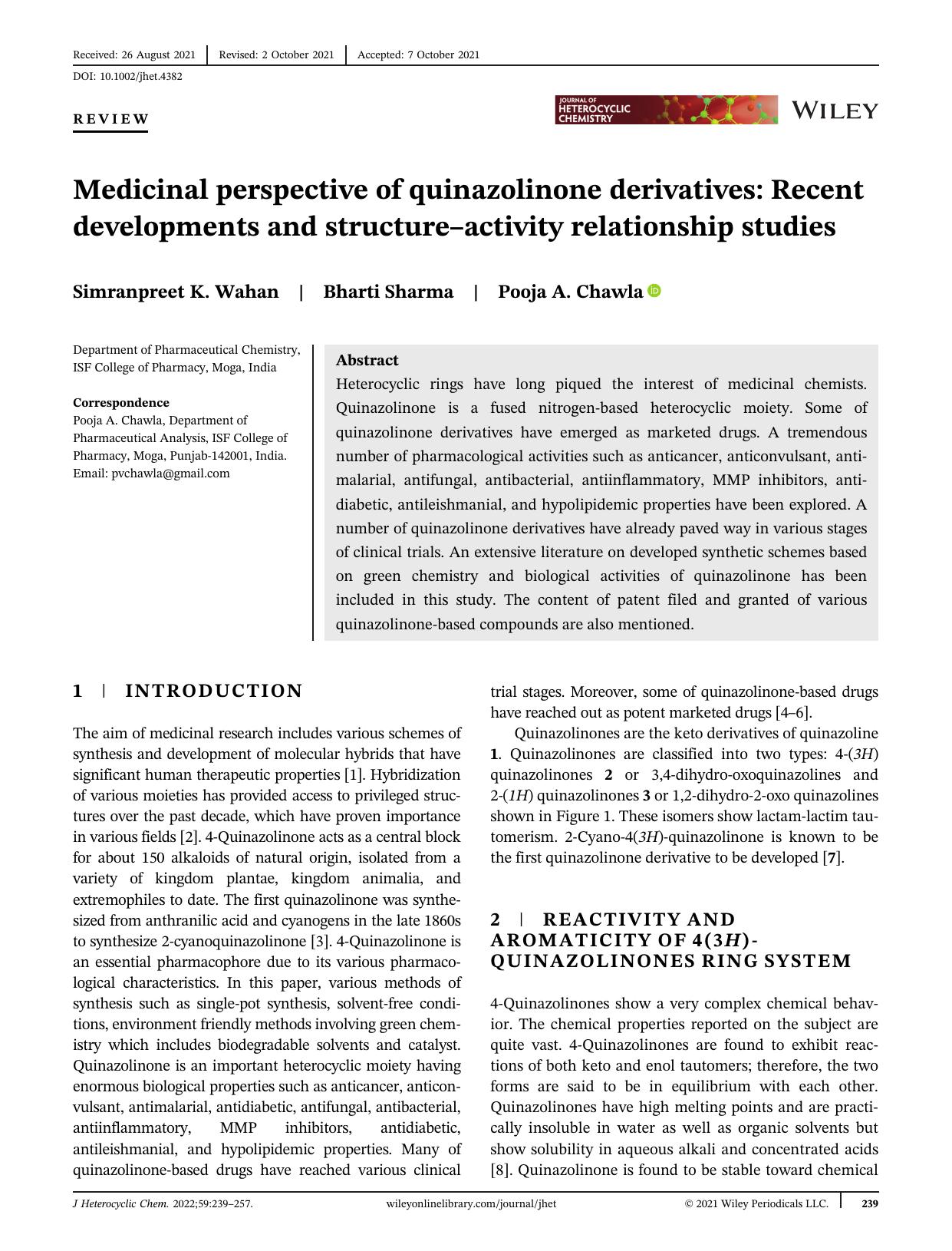 Medicinal perspective of quinazolinone derivatives: Recent developments and Structure-Activity Relationship studies by Unknown