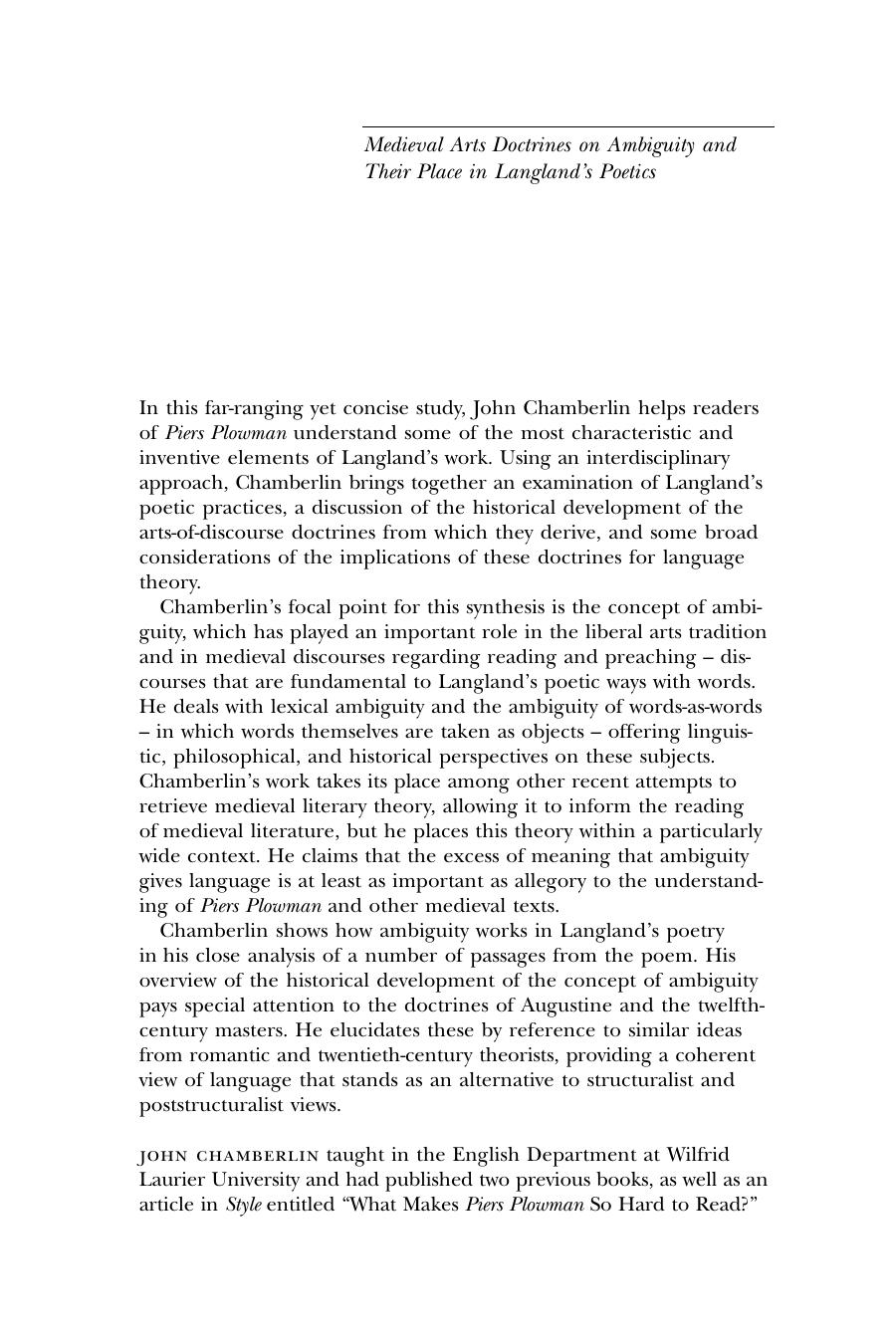 Medieval Arts Doctrines on Ambiguity and Their Places in Langland's Poetics by John Chamberlin